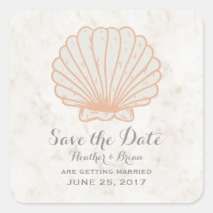 Sticker Carré Orange Rustic Seashell Enregistrer la date
