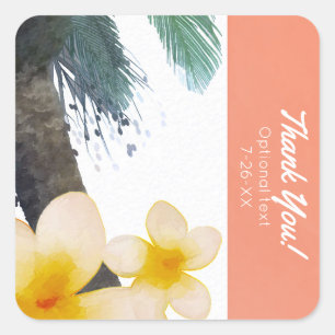 Sticker Carré Orange Tropical Palm Tree & Plumeria Summer Party