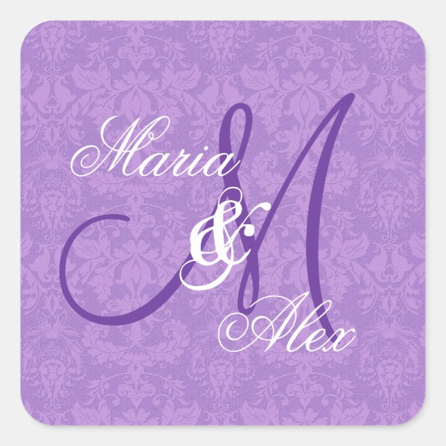 Sticker Carré Orchidée violet Mariage damassé Monogramme S530A (Devant)