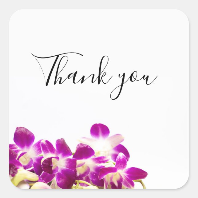 Sticker Carré Orchidée violette avec pierre sur blanc merci (Devant)