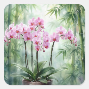 Sticker Carré Orchidées roses sur fond de bambou vert