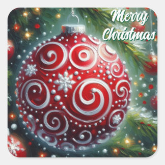 Sticker Carré Ornement de Noël Whimsical Red White