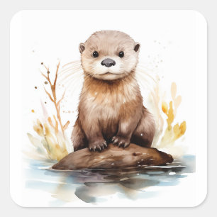 Sticker Carré Otter aquarelle adorable