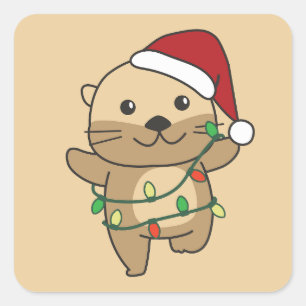 Sticker Carré Otter Christmas Winter Animaux Vacances Otters