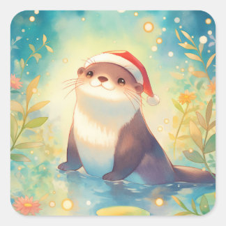 Sticker Carré Otter in Santa Hat in Pond with Flowers and Bokeh