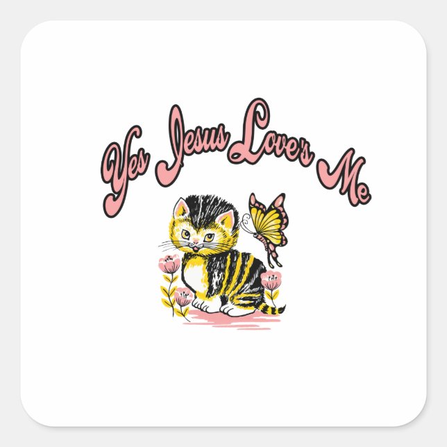 Sticker Carré Oui Jésus m'aime mignon Kitten (Devant)