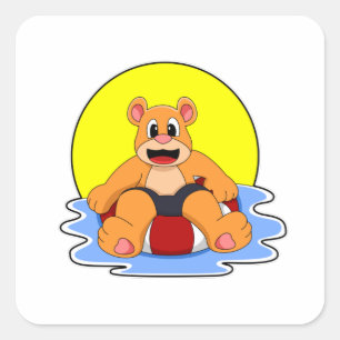 Sticker Carré Ours à la natation avec anneau de natation