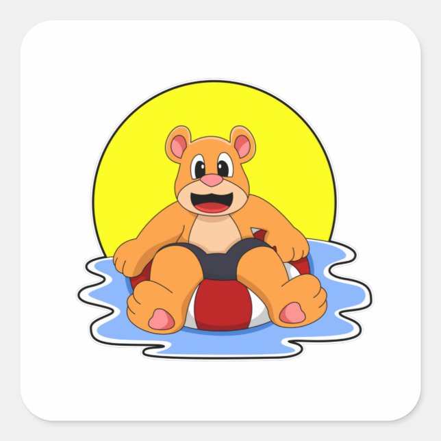 Sticker Carré Ours à la natation avec anneau de natation (Devant)