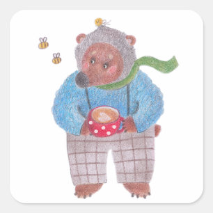 Sticker Carré Ours, abeilles et cappuccino