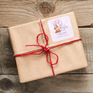 Sticker Carré Ours aquarelle Baby Shower à peine attendre