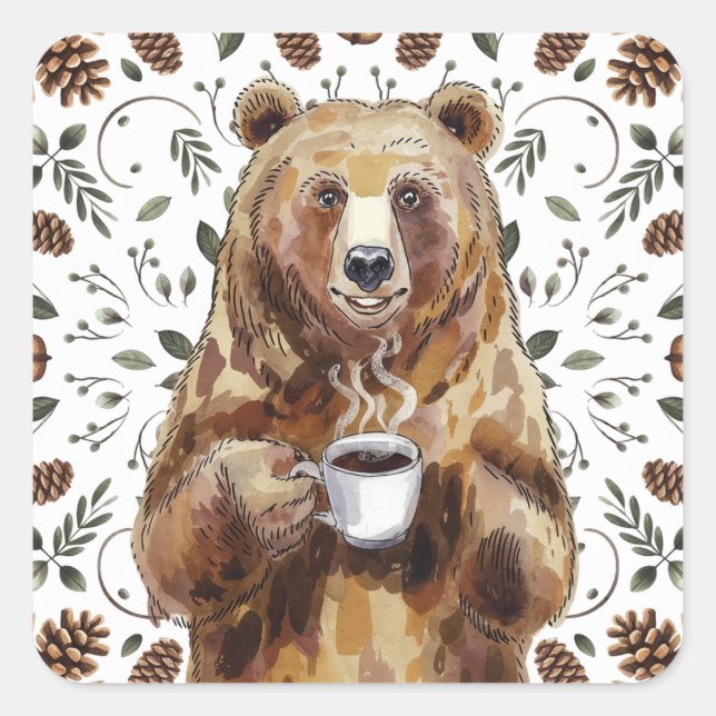 Sticker Carré Ours Au Café (Devant)