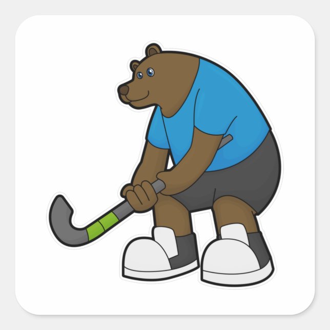 Sticker Carré Ours au hockey avec bâton de hockey (Devant)