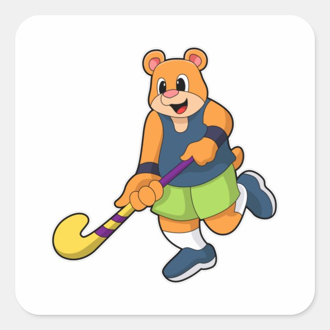 Sticker Carré Ours au hockey avec chauve-souris de hockey (Devant)