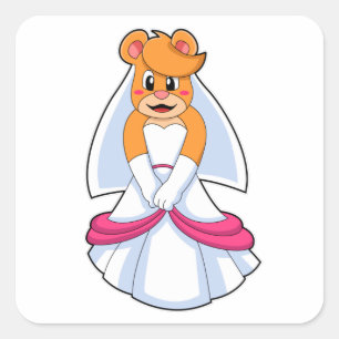 Sticker Carré Ours avec robe Mariage & Voile