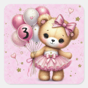 Sticker Carré Ours Ballerine Rose Glitter Ballon Fête d'Annivers