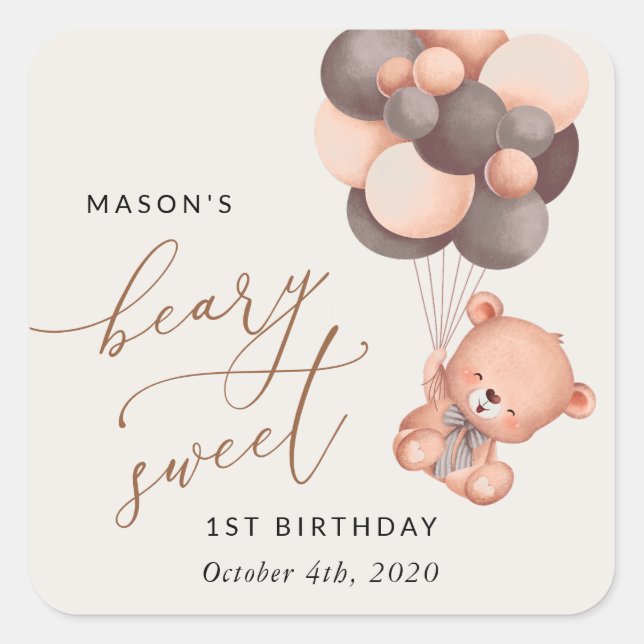 Sticker Carré Ours, Ballons Brown, Premier Anniversaire (Devant)