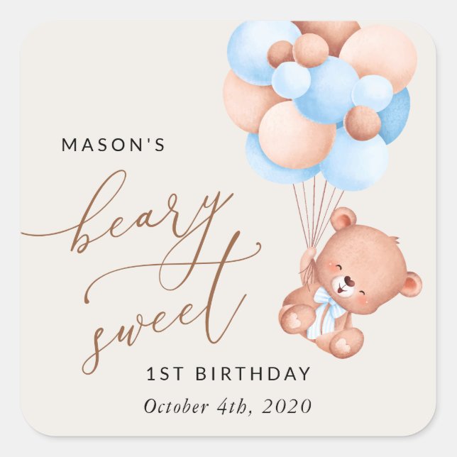 Sticker Carré Ours Bébé, Ballons Bleus, Premier anniversaire (Devant)