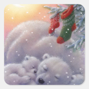 Sticker Carré Ours blancs de Noël dormant