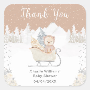 Sticker Carré Ours Brun de l'Hiver Sleigh Baby Shower Merci