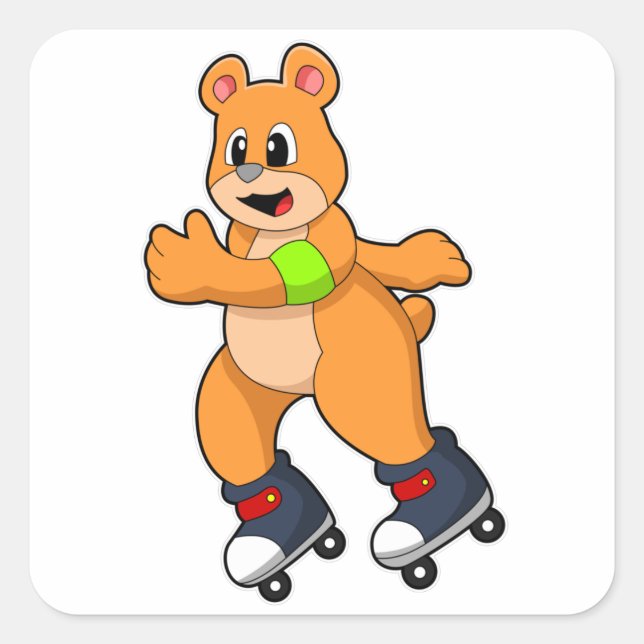 Sticker Carré Ours comme patineur avec patins en ligne (Devant)