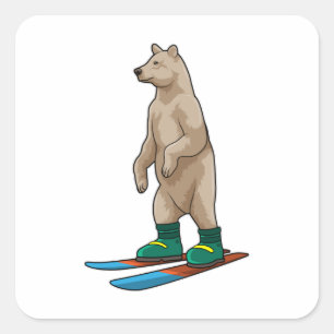 Sticker Carré Ours comme skieur avec ski