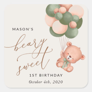 Sticker Carré Ours de bébé, Ballons verts, Premier anniversaire