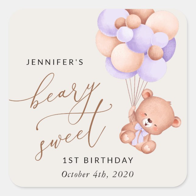 Sticker Carré Ours De Bébé, Ballons Violets, Premier Anniversair (Devant)