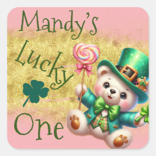 Sticker Carré Ours de la Saint-Patrick Rose Anniversaire Chanceu
