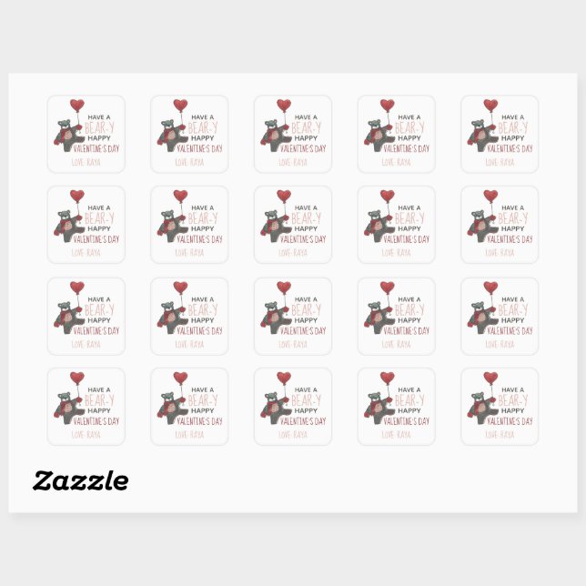 Sticker Carré Ours de la Saint Valentin avec nom (Feuille)