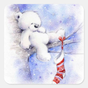 Sticker Carré Ours De Noël Dans Un Arbre