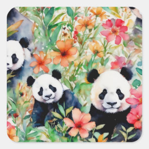 Sticker Carré Ours de panda aquarelle