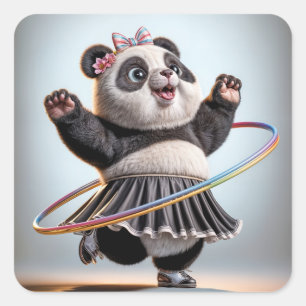 Sticker Carré Ours De Panda Avec Hula Hula Hula Hoop Arc En Ciel