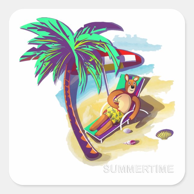 Sticker Carré Ours d'été relaxant sur la plage tropicale (Devant)