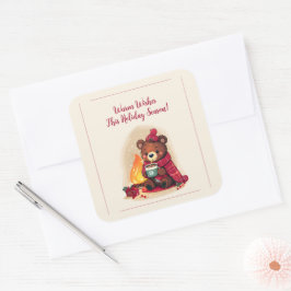 Sticker Carré Ours d'hiver douillet avec cheminée Cheval de Noël