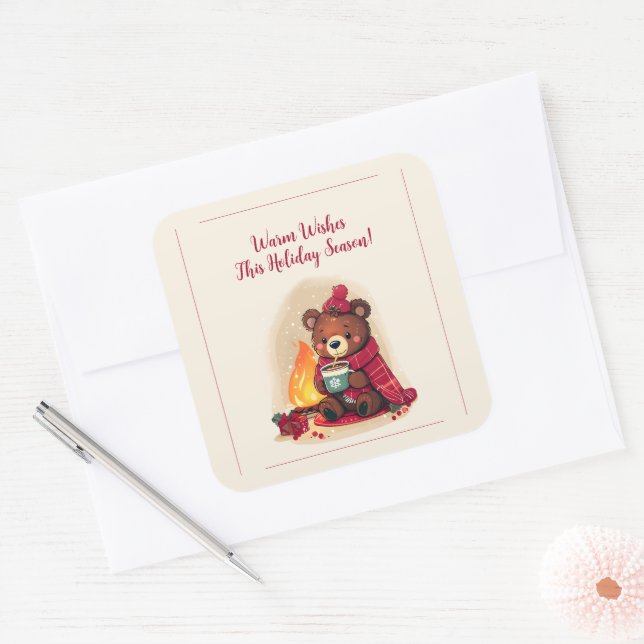 Sticker Carré Ours d'hiver douillet avec cheminée Cheval de Noël (Enveloppe)