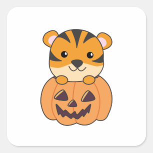 Sticker Carré Ours En Citrouille Orange Tiger Halloween Haircat