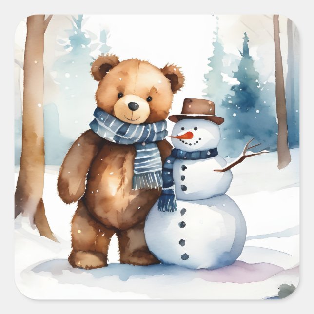 Sticker Carré Ours En Conduite D'Hiver Et Snowman (Devant)