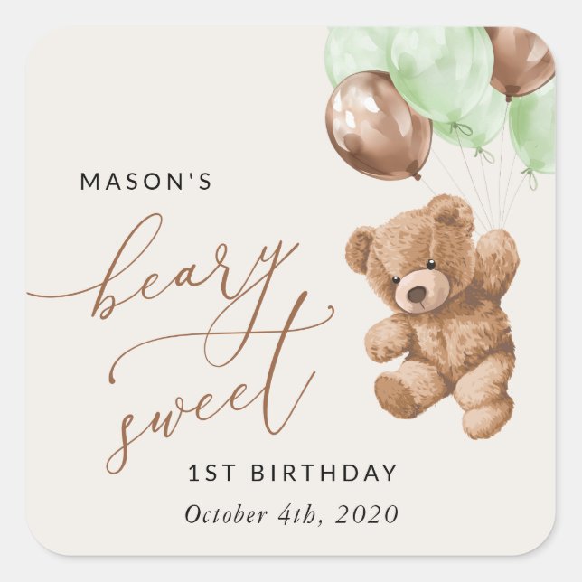 Sticker Carré Ours En Conflit, Ballons Verts, Premier Anniversai (Devant)