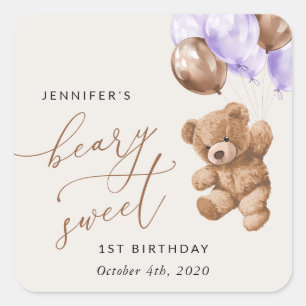 Sticker Carré Ours En Jeu, Ballons Violets, Premier Anniversaire
