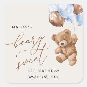 Sticker Carré Ours En Joue, Ballons Bleus, Premier Anniversaire