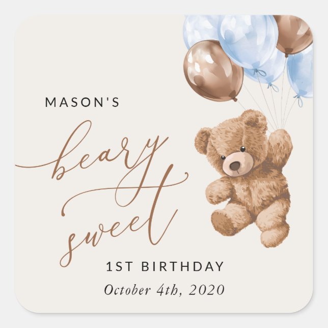 Sticker Carré Ours En Joue, Ballons Bleus, Premier Anniversaire (Devant)