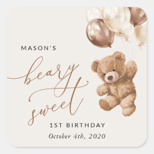 Sticker Carré Ours En Joue, Ballons Brown, Premier Anniversaire