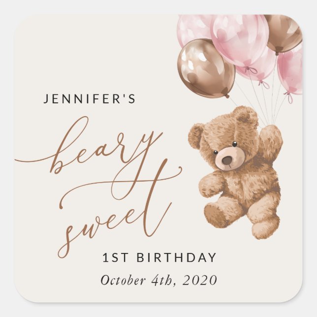 Sticker Carré Ours En Joue, Ballons Roses, Premier Anniversaire (Devant)