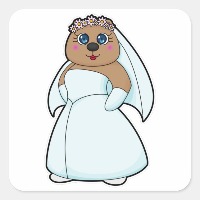 Sticker Carré Ours en mariée avec couronne de fleurs (Devant)