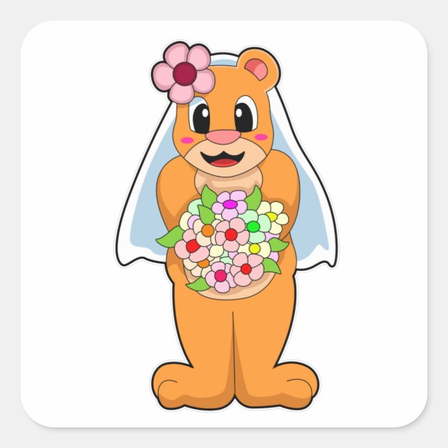 Sticker Carré Ours en mariée avec des fleurs (Devant)