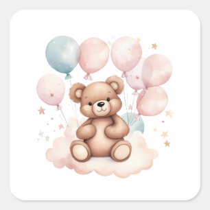Sticker Carré Ours en peluche à ballon d'aquarelle
