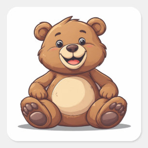 Sticker Carré Ours en peluche de dessin animé mignon assis