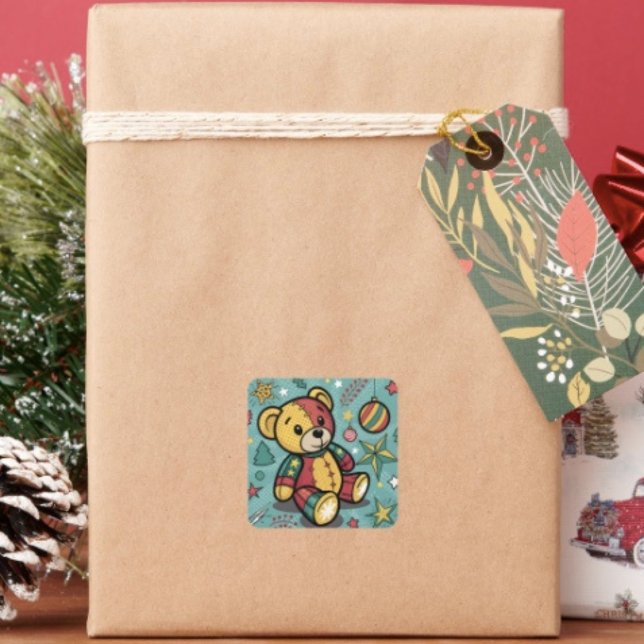 Sticker Carré Ours en peluche de Noël patchwork fantaisiste (Sticker sheet, 6 different sizes. Matte, glossy or glossy transparent finish. )