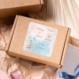 Sticker Carré Ours en peluche jumeaux rose et bleu sur une balan