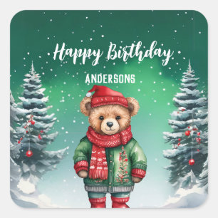 Sticker Carré Ours en peluche mignon Noël arbre anniversaire fil